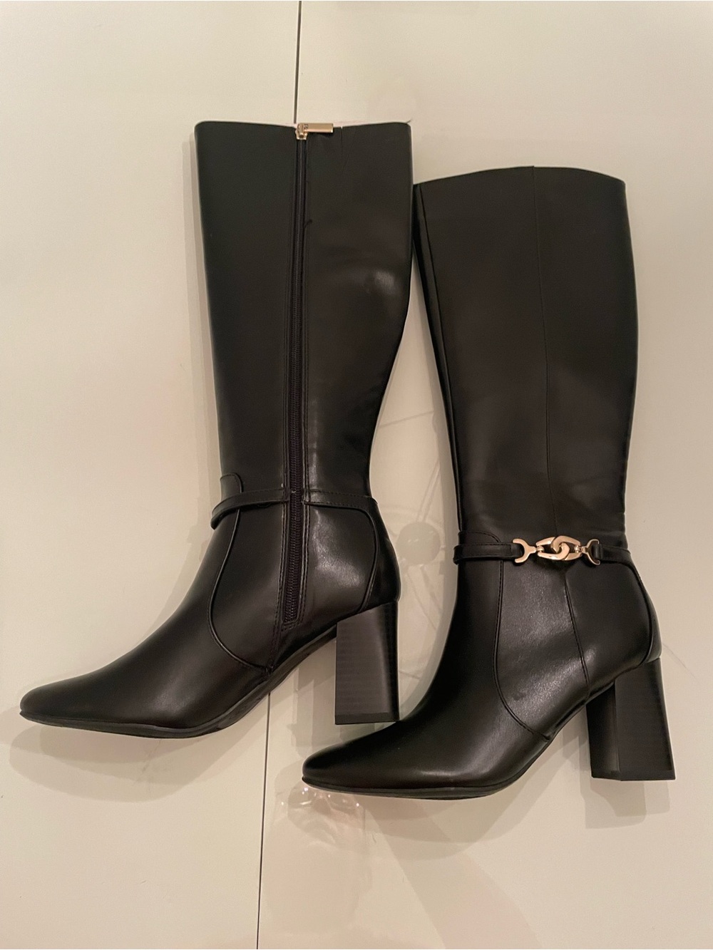Bandolino Black Over-the-Knee Block Heel Boots with Gold Accent